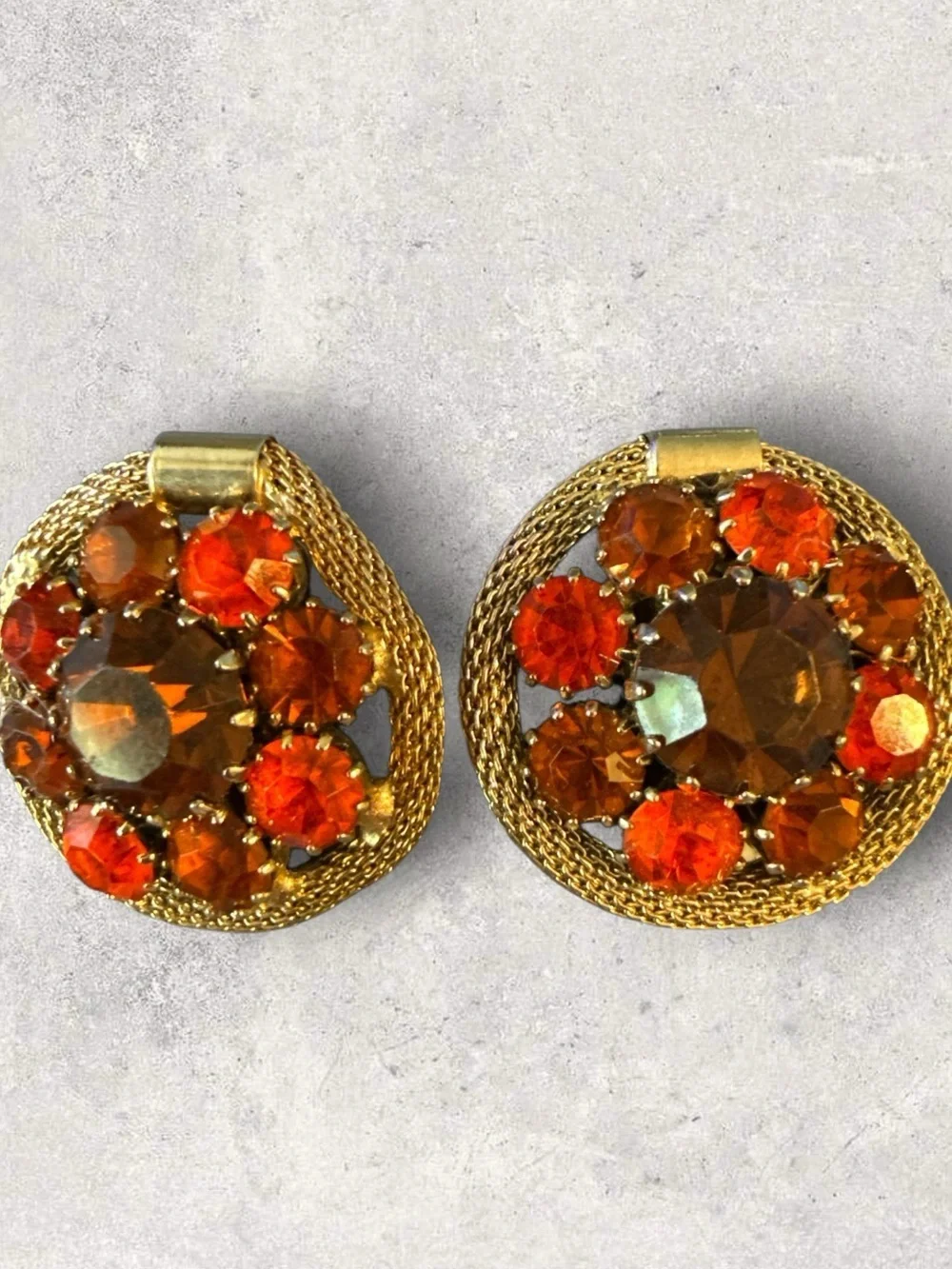 Vintage WEISS Amber Orange Rhinestone Clip-On Earrings Gold Tone Mid Century